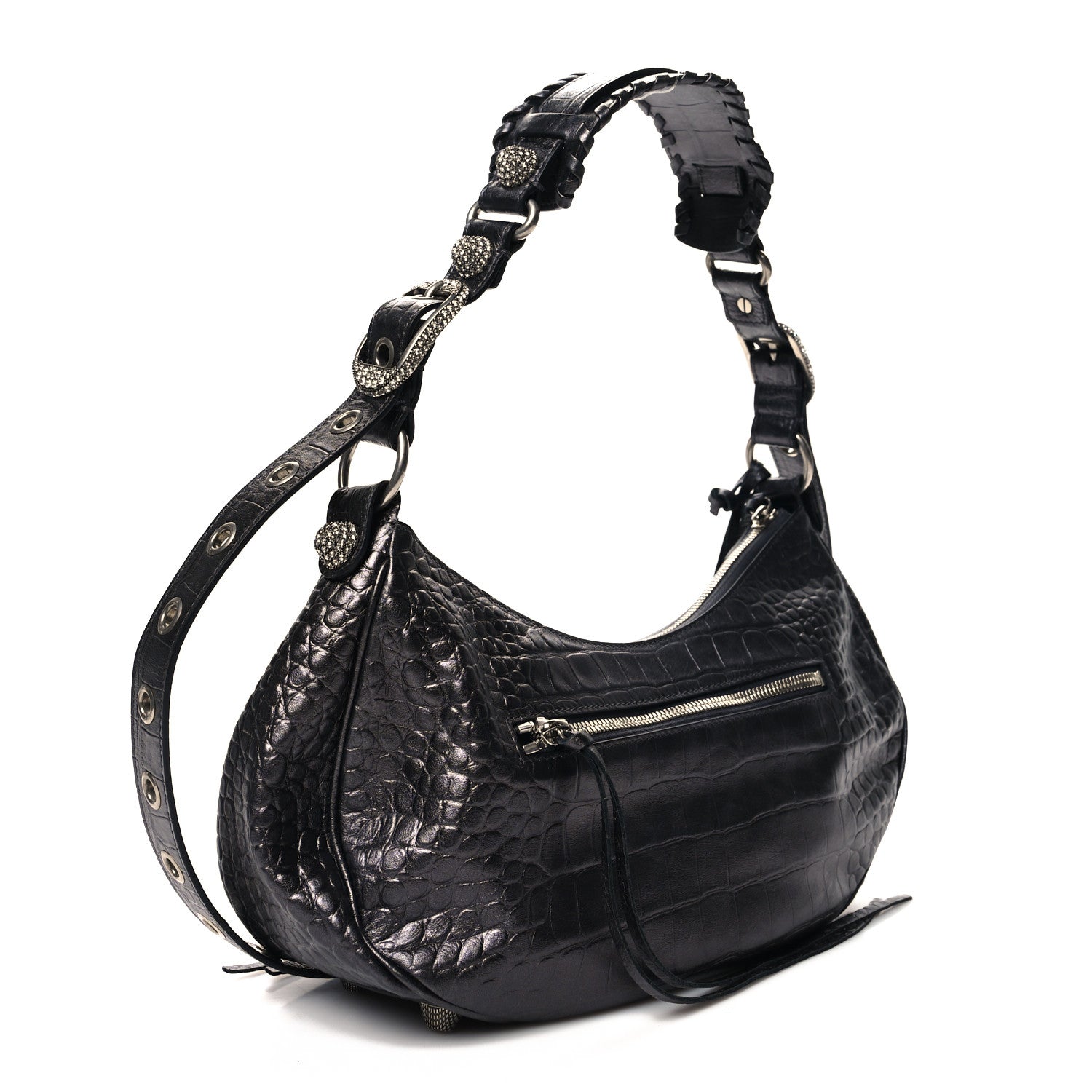Balenciaga Metallic Calfskin Crocodile Embossed Crystal Small Le Cagole Shoulder Bag Gunmetal 4 of 11