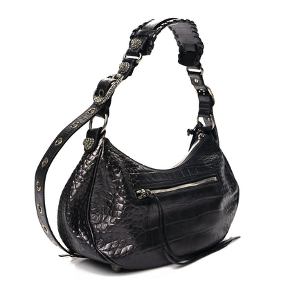Balenciaga Metallic Calfskin Crocodile Embossed Crystal Small Le Cagole Shoulder Bag Gunmetal 4 of 11