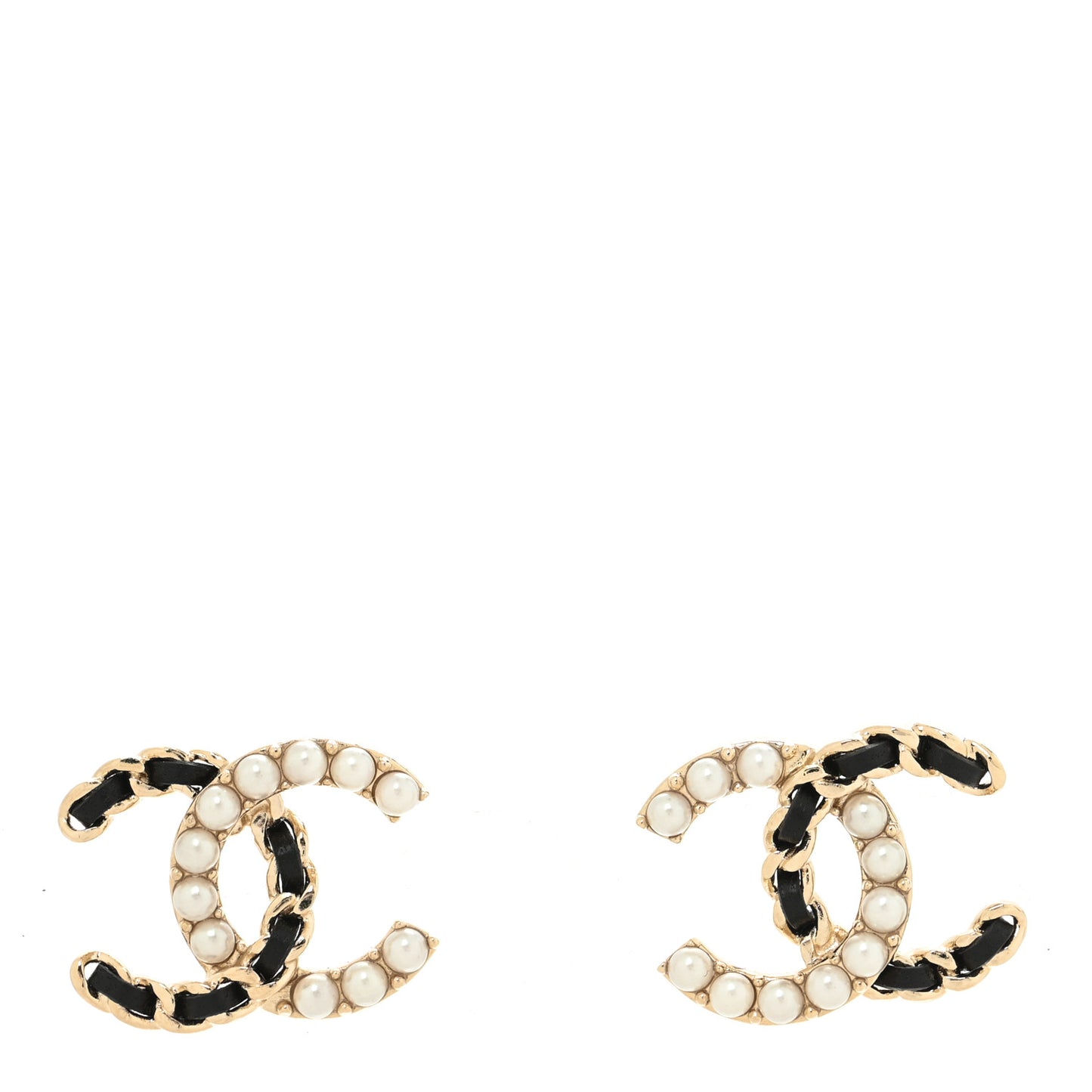Pearl Lambskin Chain CC Stud Earrings Gold Black