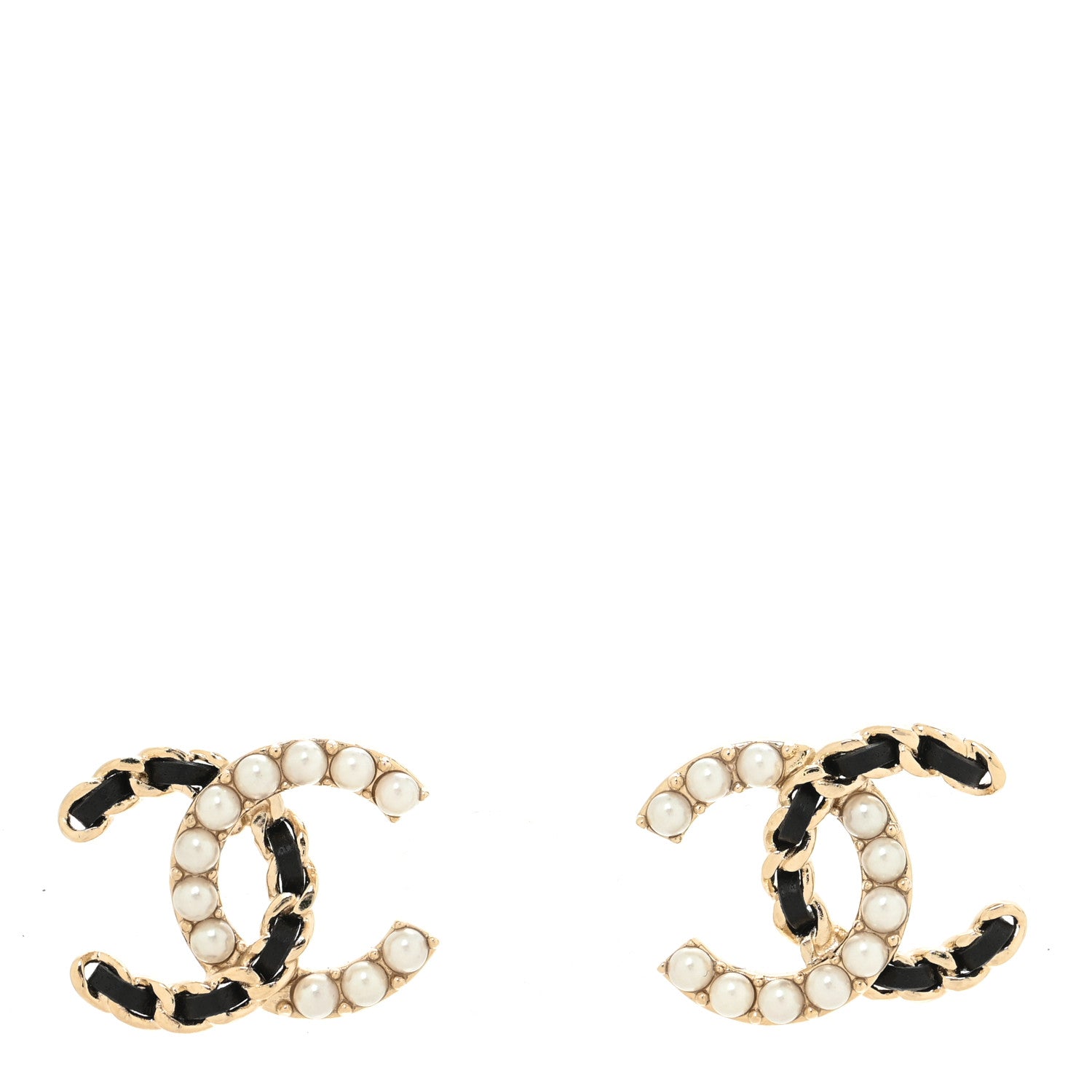 Chanel Pearl Lambskin Chain CC Stud Earrings Gold Black 1 of 4