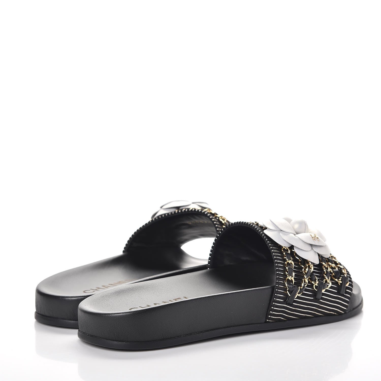 Chanel Calfskin Chain Camellia Flat Sandals 38 Black 4 of 10