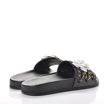 Chanel Calfskin Chain Camellia Flat Sandals 38 Black 4 of 10