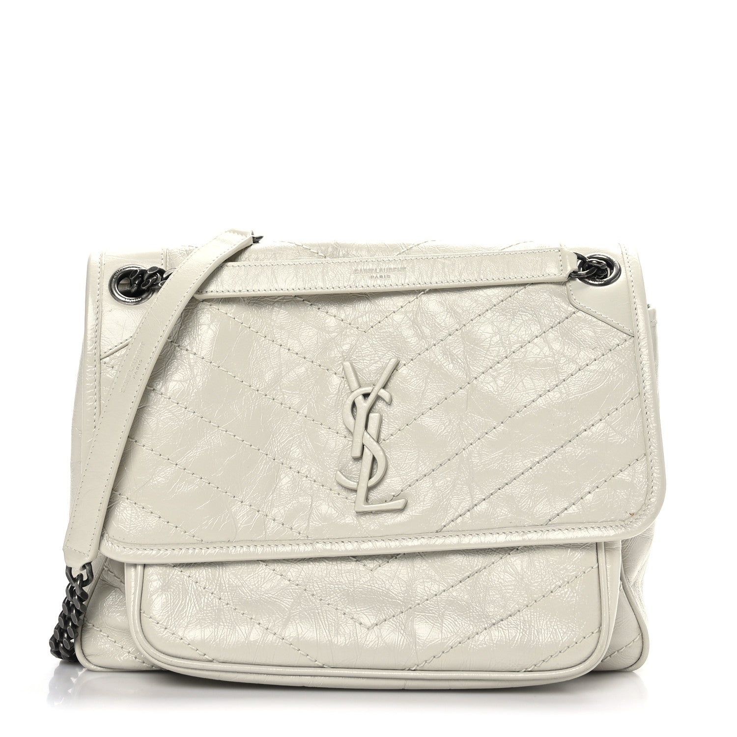 Saint Laurent Crinkled Calfskin Matelasse Monogram Medium Niki Chain Satchel Blanc Vintage 1 of 9