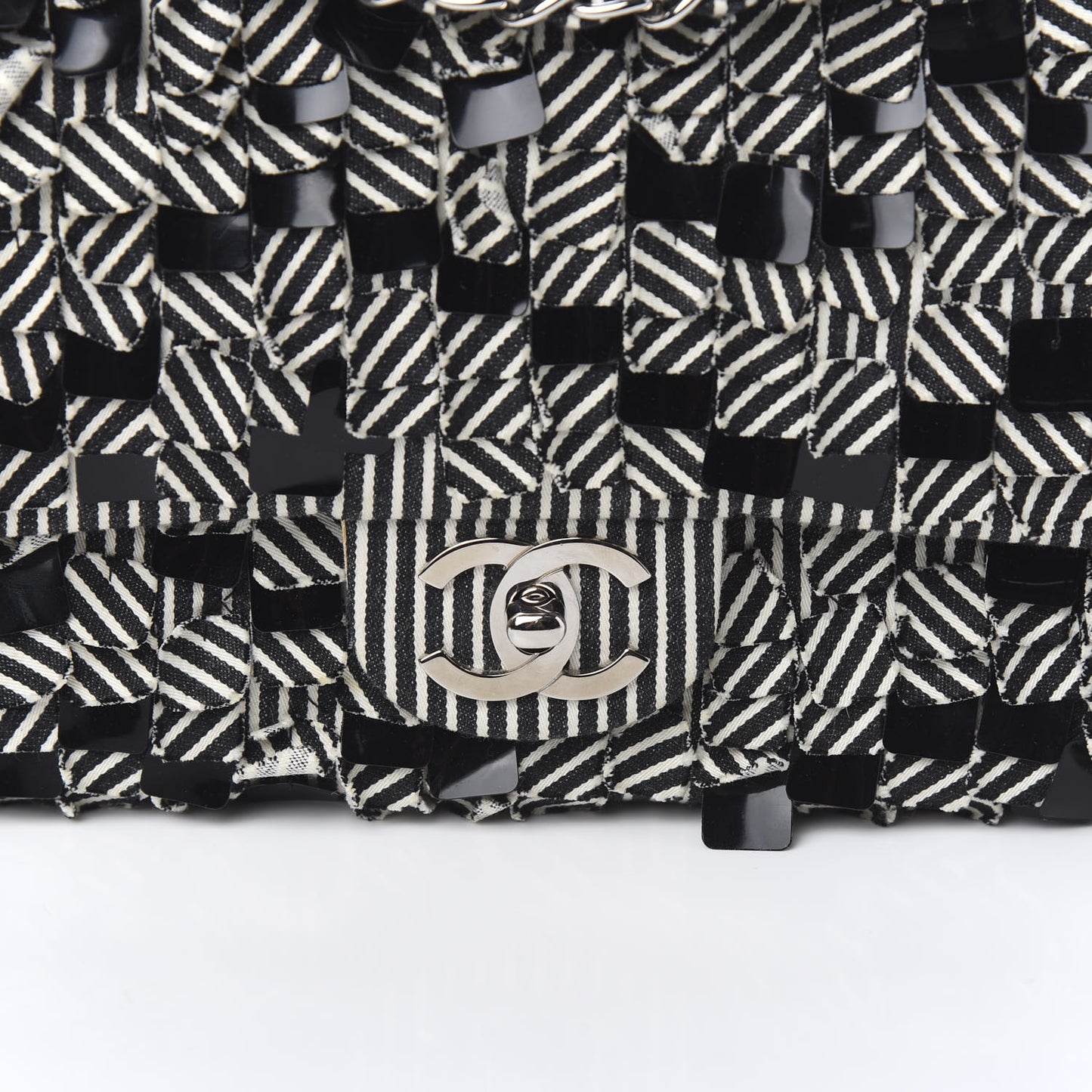 Canvas Sequin Stripe Medium Double Flap Black White