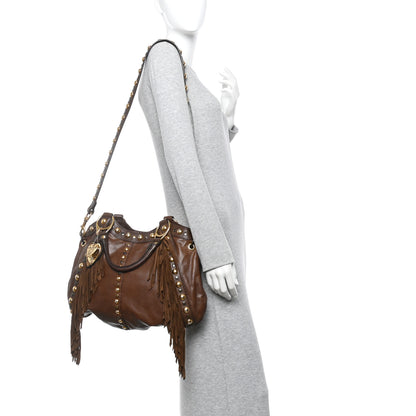 Gucci Calfskin Fringe Medium Babouska Tote Brown 2 of 18