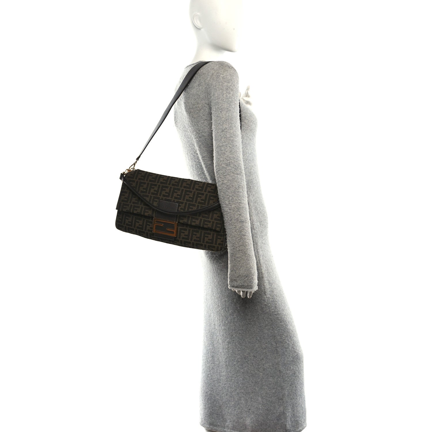 Fendi Fabric Jacquard FF 1974 Maxi Baguette Tobacco Moro Black 2 of 10
