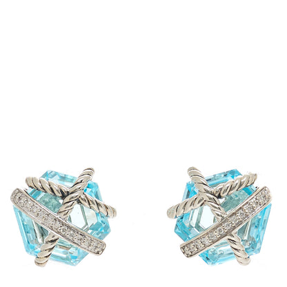 David Yurman Sterling Silver Diamond Blue Topaz 10mm Cable Wrap Earrings 1 of 4