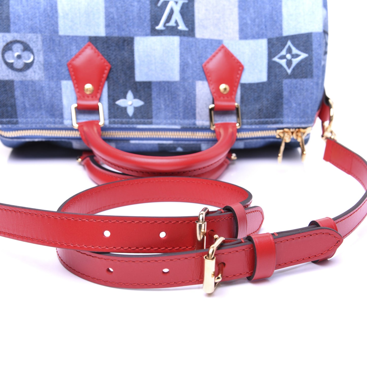 Denim Damier Monogram Patchwork Speedy Bandouliere 30 Blue Rouge