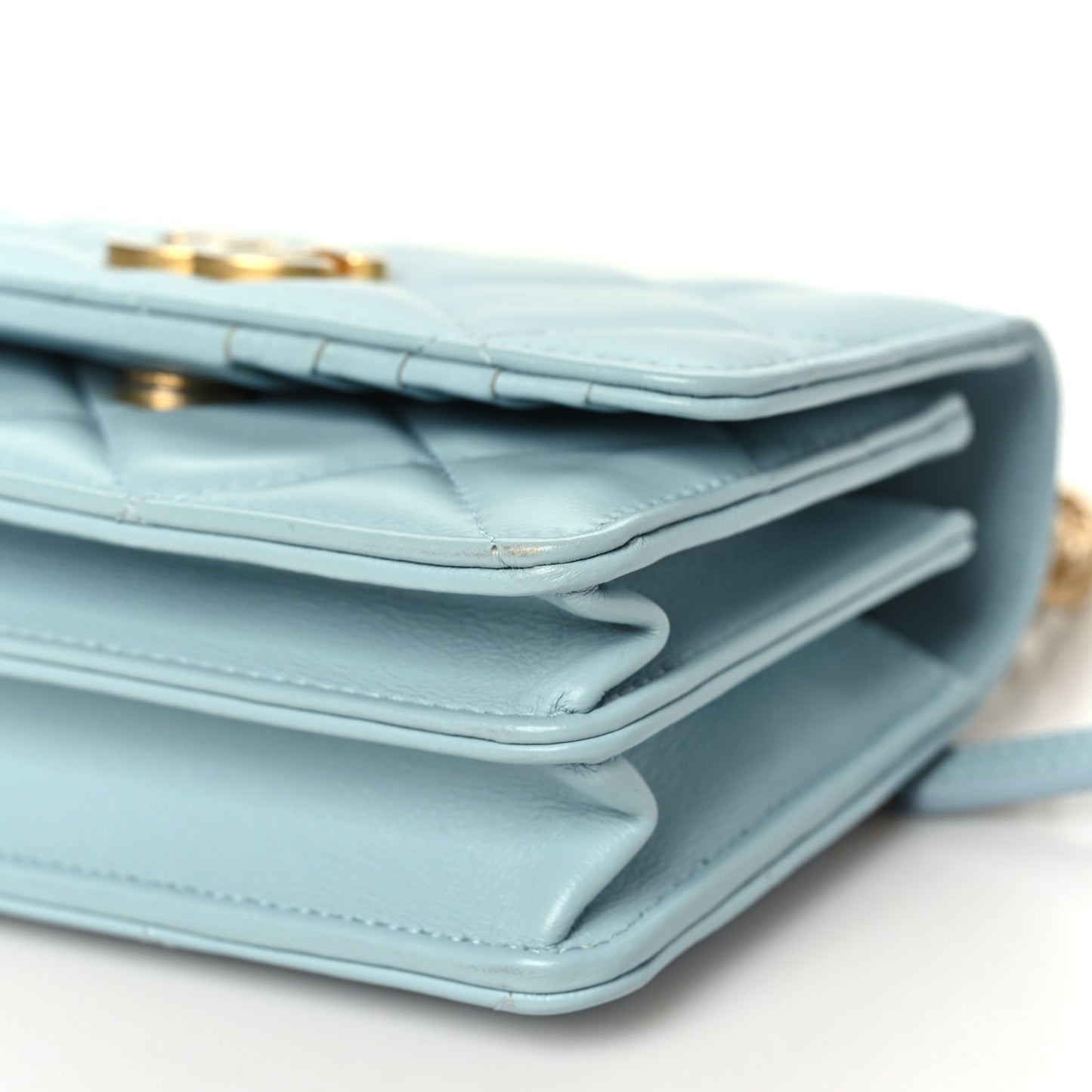 Lambskin Enamel Quilted Pending CC Clutch With Chain Light Blue