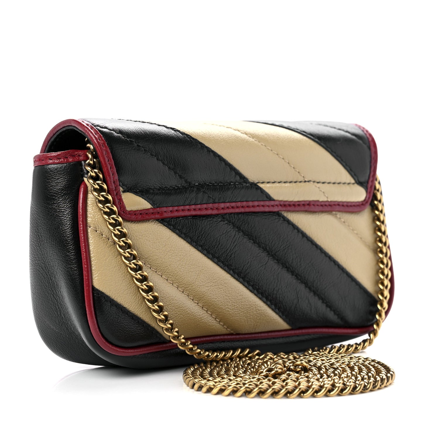 Vintage Effect Calfskin Matelasse Diagonal Striped Super Mini Torchon GG Marmont Shoulder Bag Black Beige