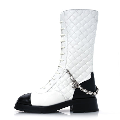 Chanel Grained Calfskin Quilted Chain Lace Up Combat Long Boots 40.5 White Black 1 of 13