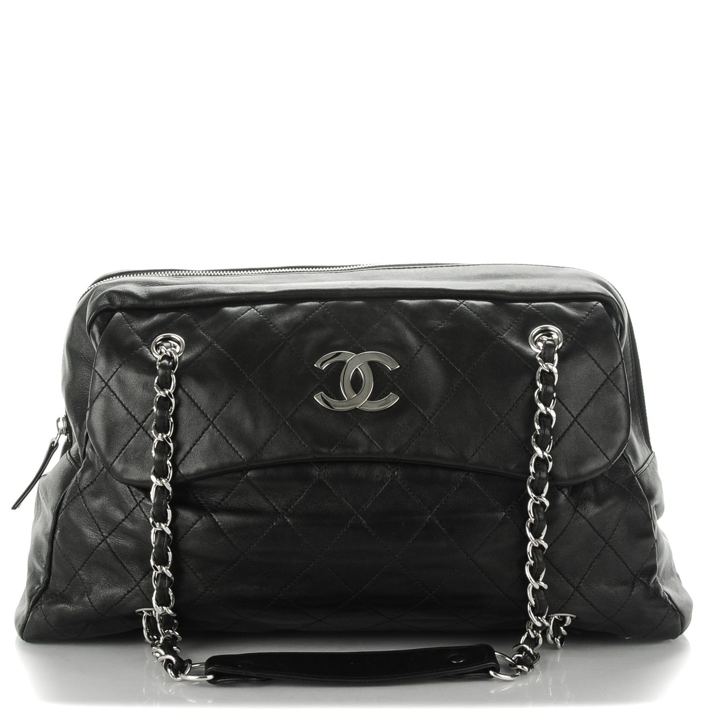 Lambskin Quilted Chain Around Tote Black