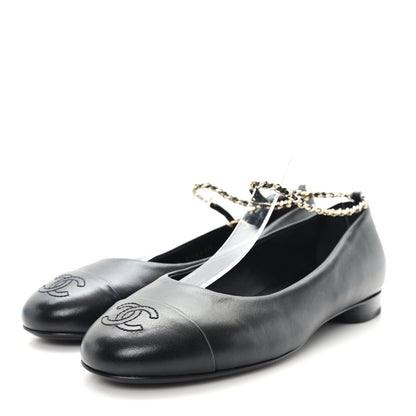 Chanel Lambskin Cap Toe CC Ankle Chain Ballerina Flats 36.5 Black 4 of 9