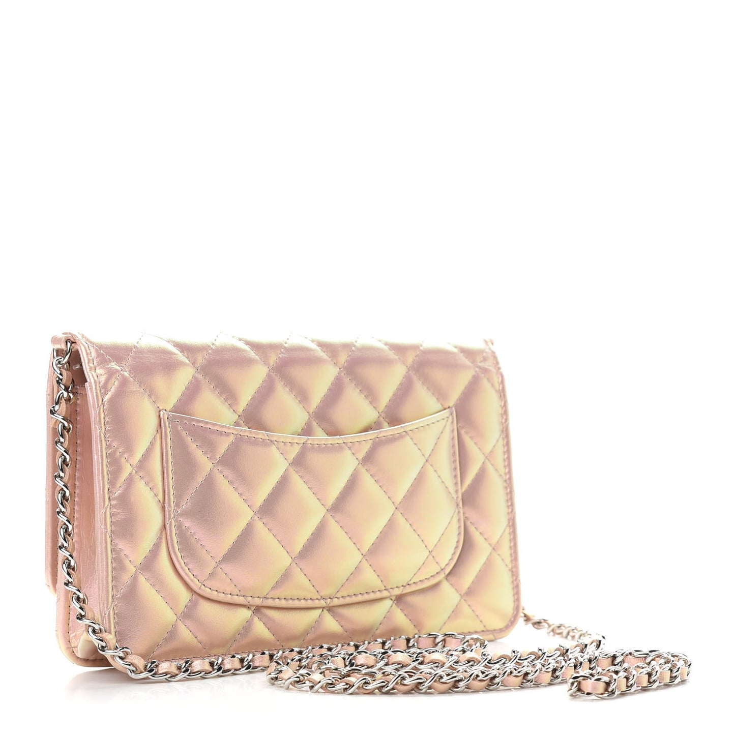 Iridescent Calfskin Quilted Wallet On Chain WOC Pink