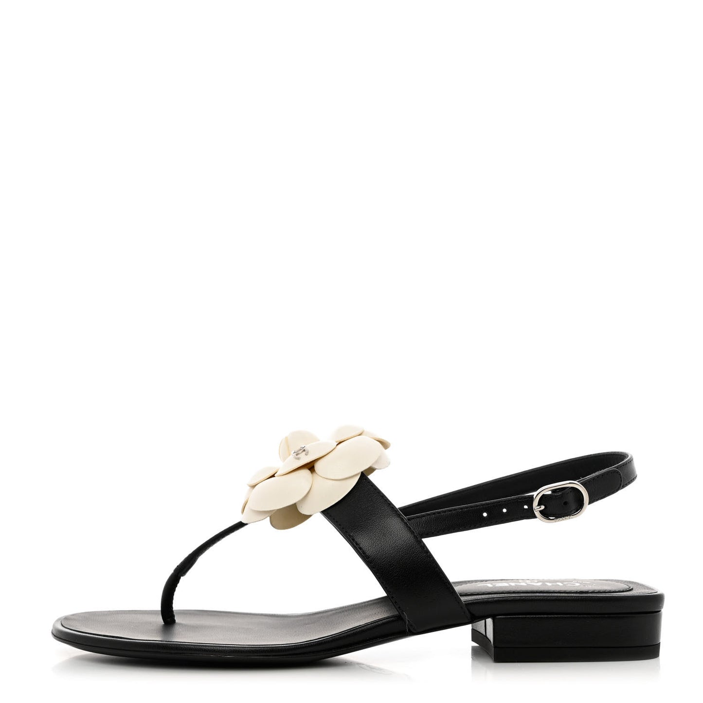 Lambskin Camellia Thong Sandals 36.5 Black White