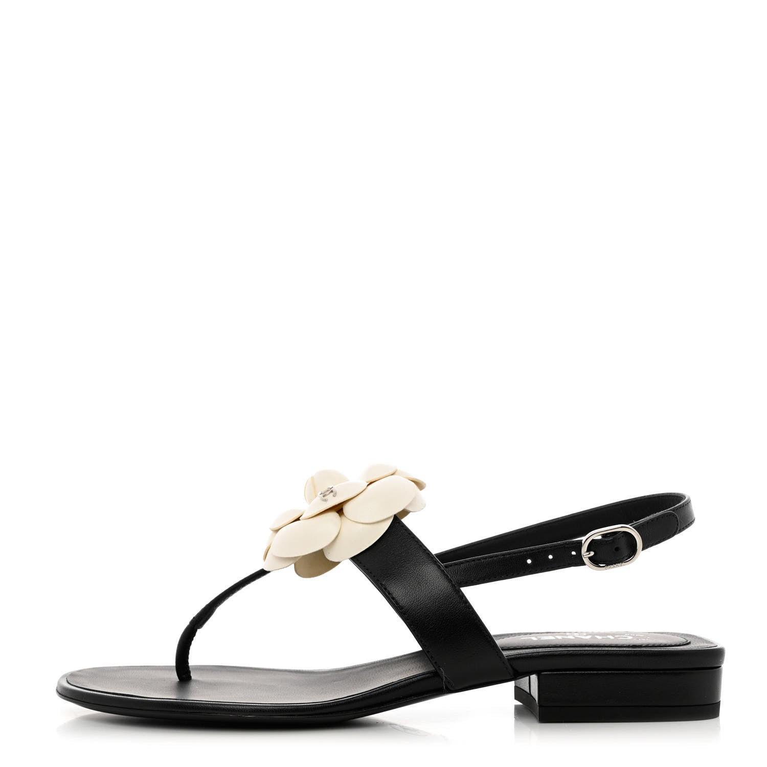Chanel Lambskin Camellia Thong Sandals 36.5 Black White 1 of 9