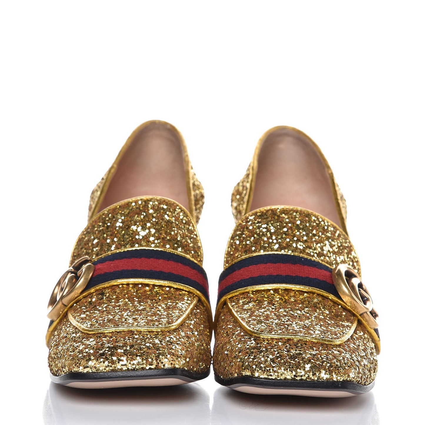Glitter Nappa Web Peyton 75mm Loafer Pumps 38.5 Oro Vecchio