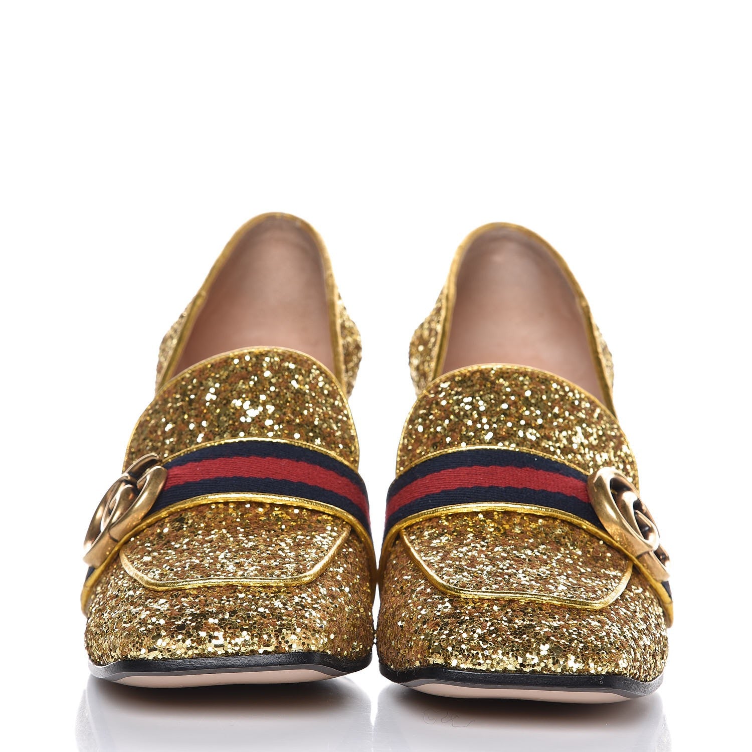 Gucci Glitter Nappa Web Peyton 75mm Loafer Pumps 38.5 Oro Vecchio 2 of 9