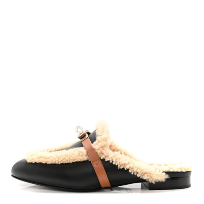 Hermes Shearling Calfskin Womens Oz Mules 38.5 Naturel Black 1 of 11