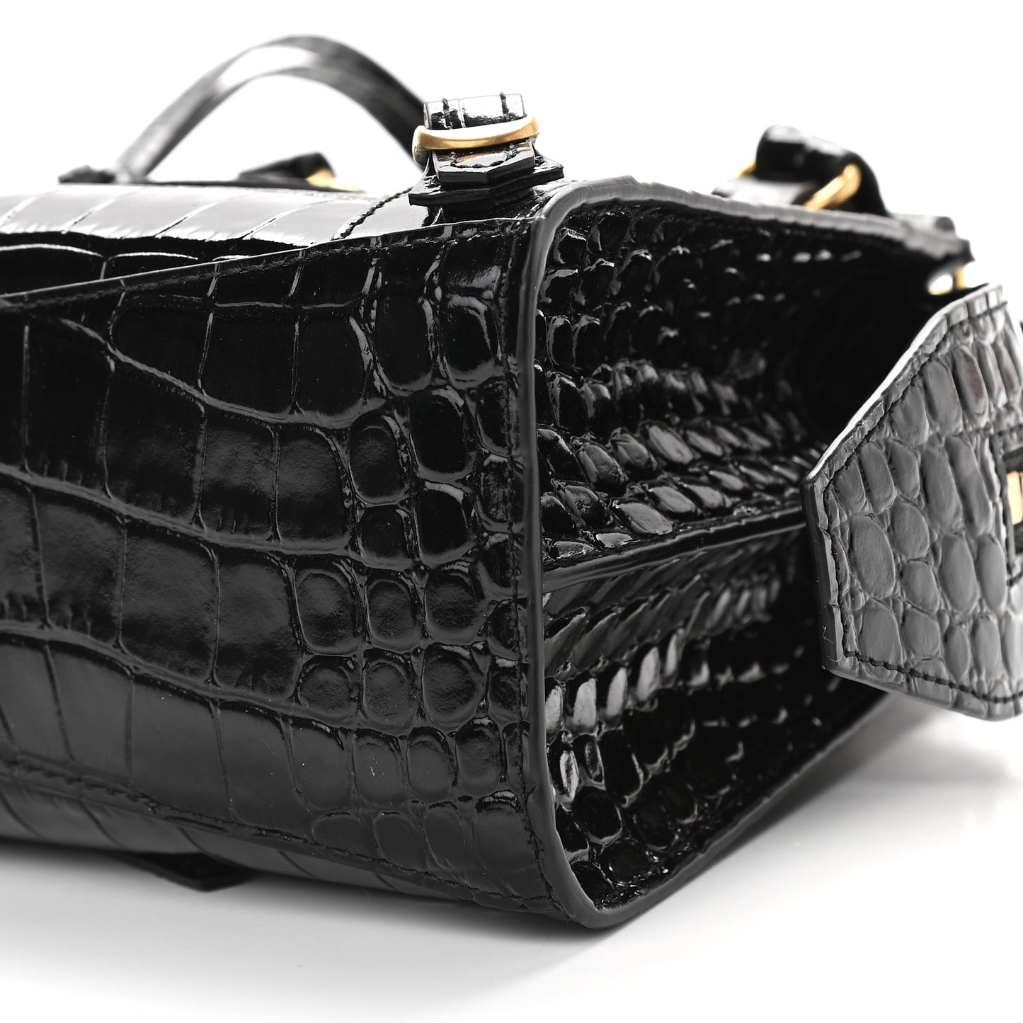 Shiny Supple Calfskin Crocodile Embossed Neo Classic Gold Hardware Mini City Black