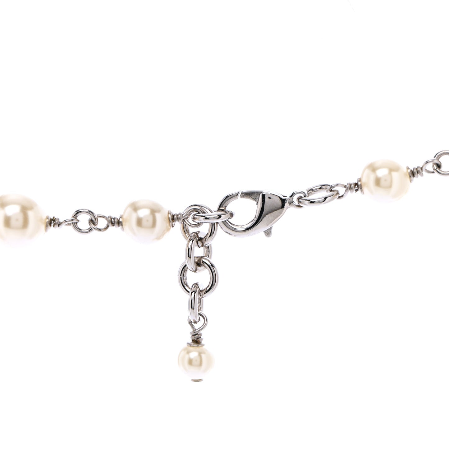 Graduated Pearl Crystal CC Long Necklace Silver