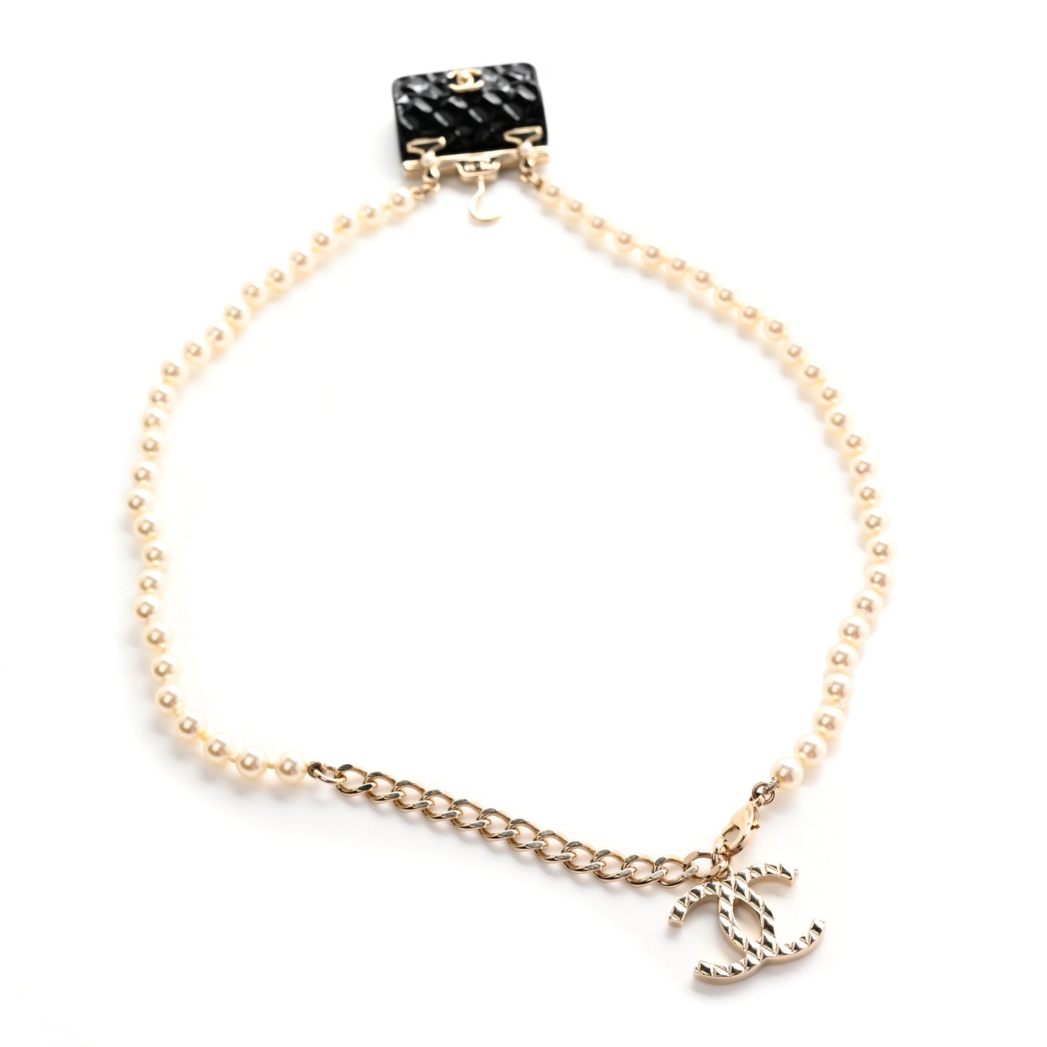 Chanel Pearl Metal Resin Quilted Flap Bag Necklace Gold Black Pearly White 3 of 5