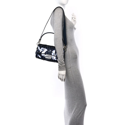 Fendi Sequin Paillettes Vitello Grace Striped Baguette Dark Blue Lunai 3 of 10