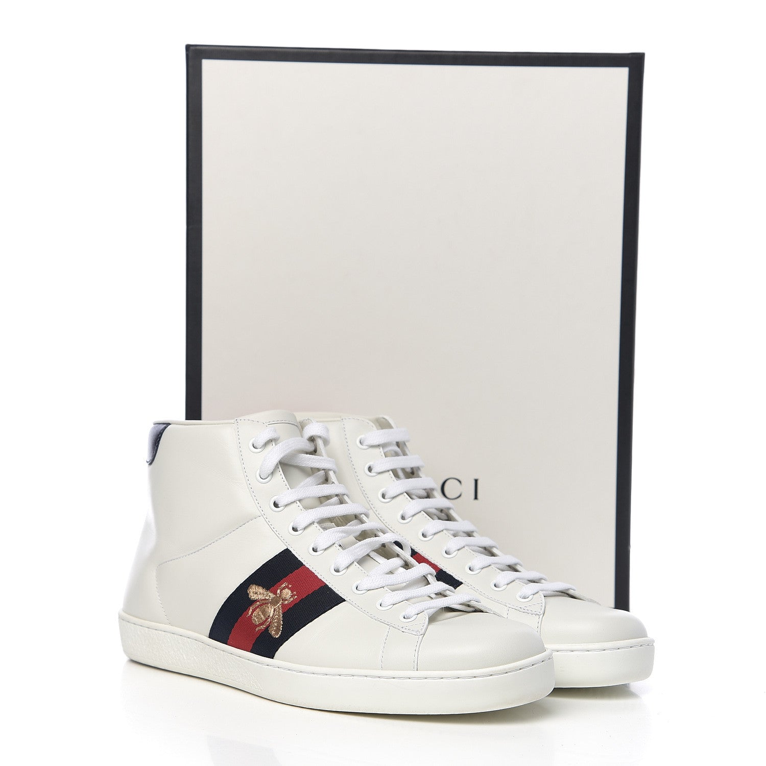 Gucci Calfskin Miro Soft Web Bee Embroidered Mens Ace High Top Sneakers 8 White 10 of 10