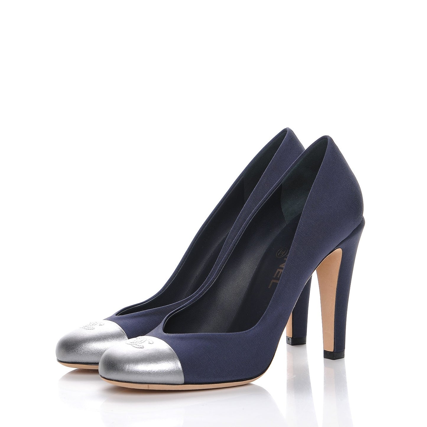 Grosgrain Calfskin CC Cap Toe Pumps 40 Navy Silver