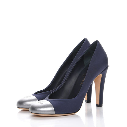 Chanel Grosgrain Calfskin CC Cap Toe Pumps 40 Navy Silver 3 of 8