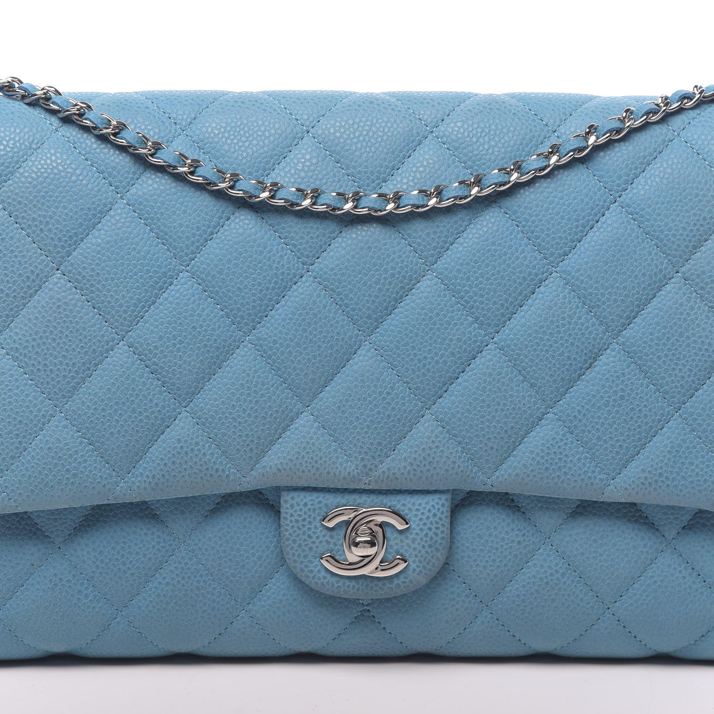 Iridescent Caviar Quilted Clutch With Chain Flap Blue