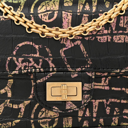 Chanel Calfskin Crocodile Embossed Graffiti 2.55 Mini Cocodile Reissue Flap Black Pink 8 of 11