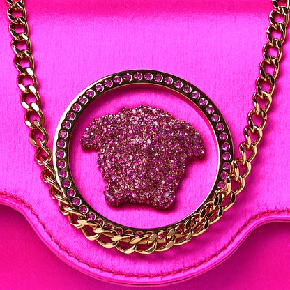 Versace Satin Crystal Embellished La Medusa Pouch On Chain Pink 7 of 11