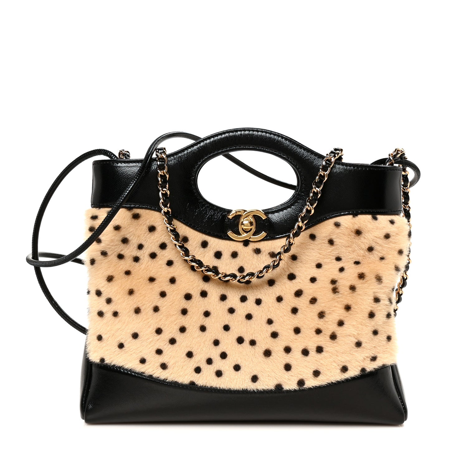 Shiny Lambskin Pony Hair Cheetah Printed Mini 31 Shopping Bag Light Beige Black