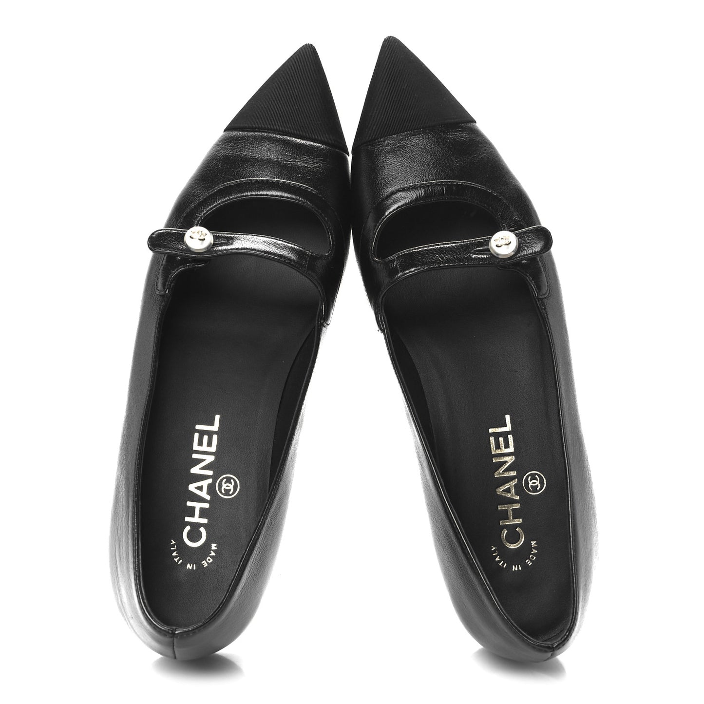 Shiny Lambskin Grosgrain Pearl Mary Jane Flats 38.5 Black