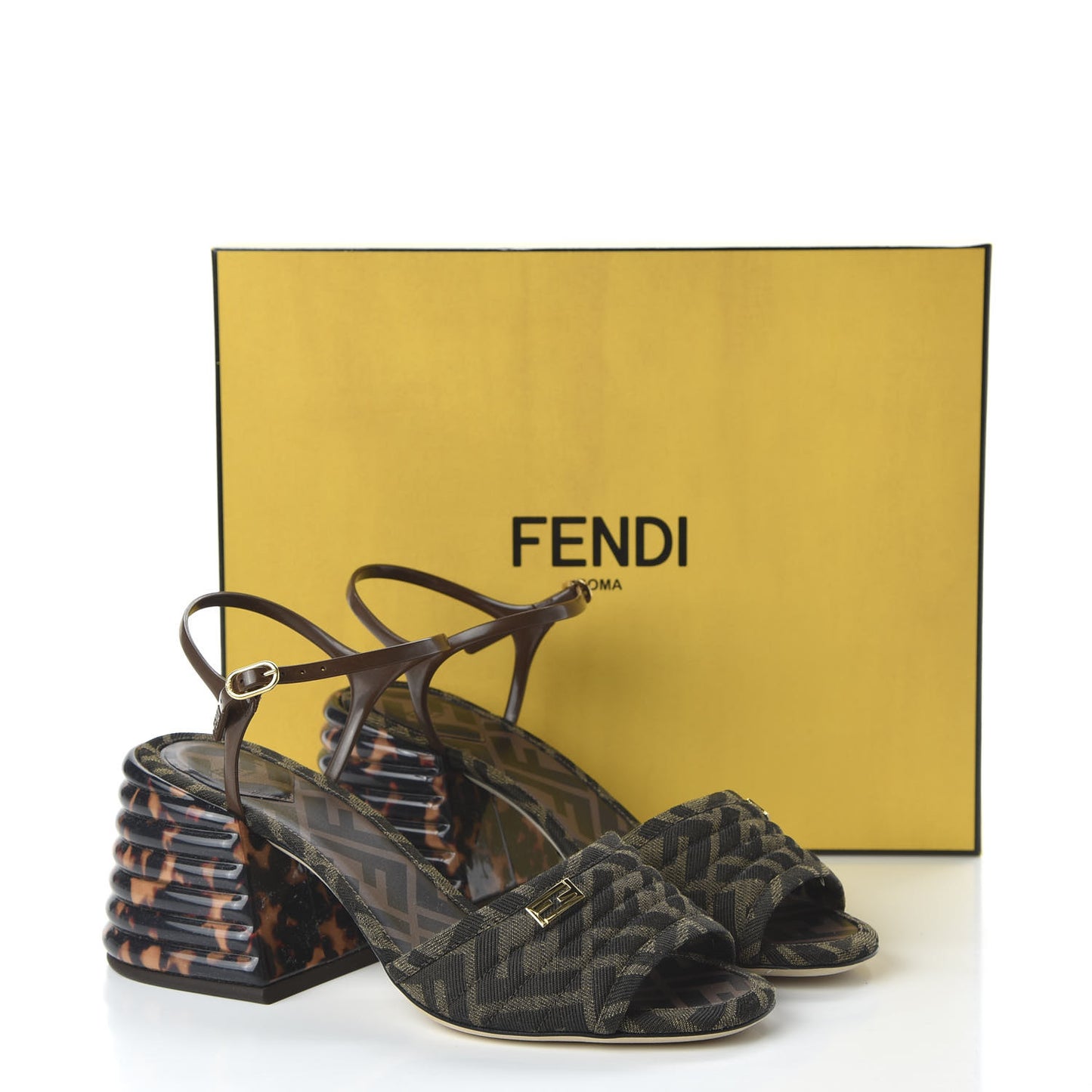 Jacquard Calfskin FF Tortoise Promenade Slingback Sandals 38.5 Tobacco