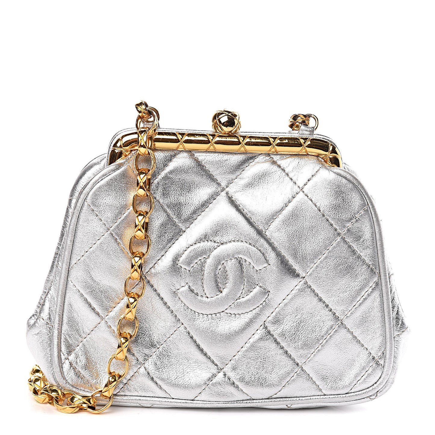 Metallic Lambskin Quilted CC Kiss Lock Evening Clutch Silver