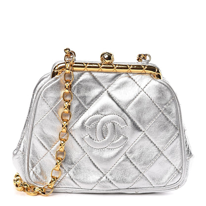 Chanel Metallic Lambskin Quilted CC Kiss Lock Evening Clutch Silver 1 of 11