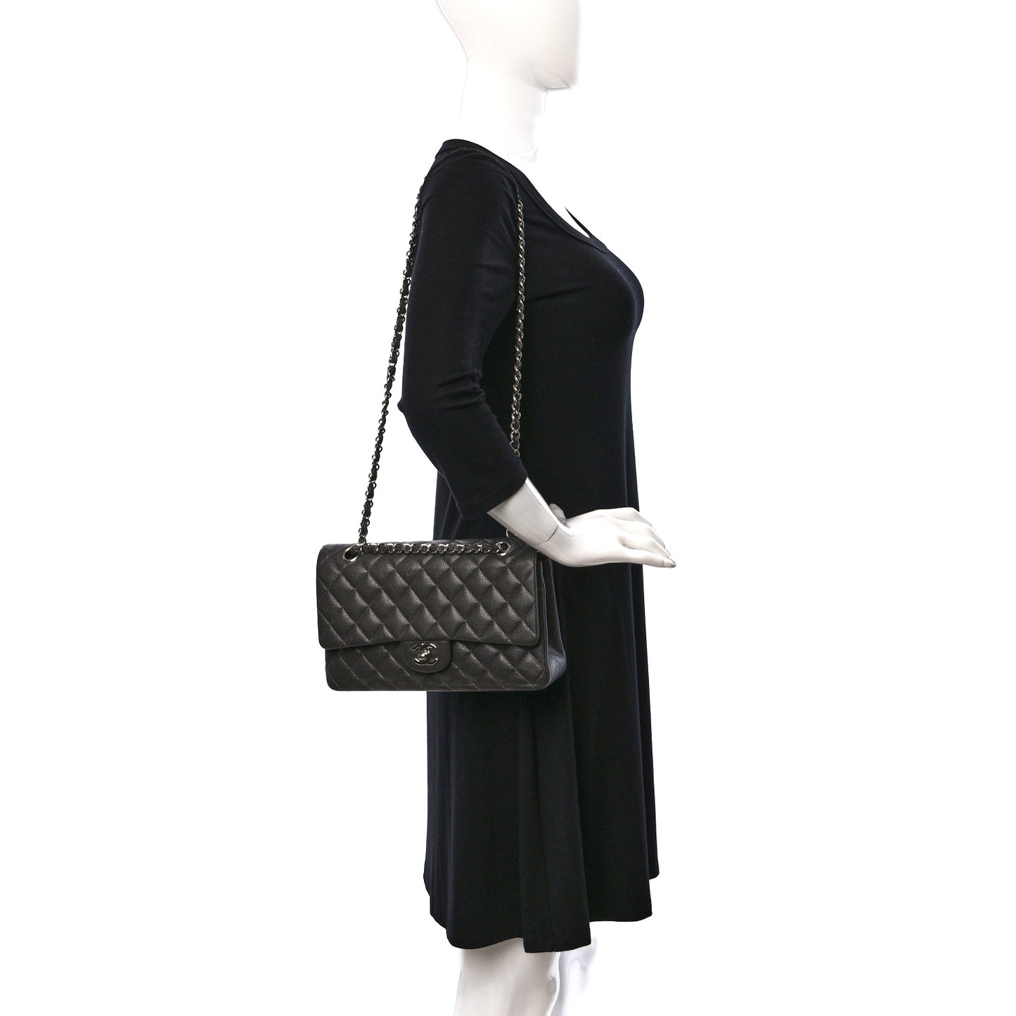 Caviar Quilted Medium Double Flap Dark Grey