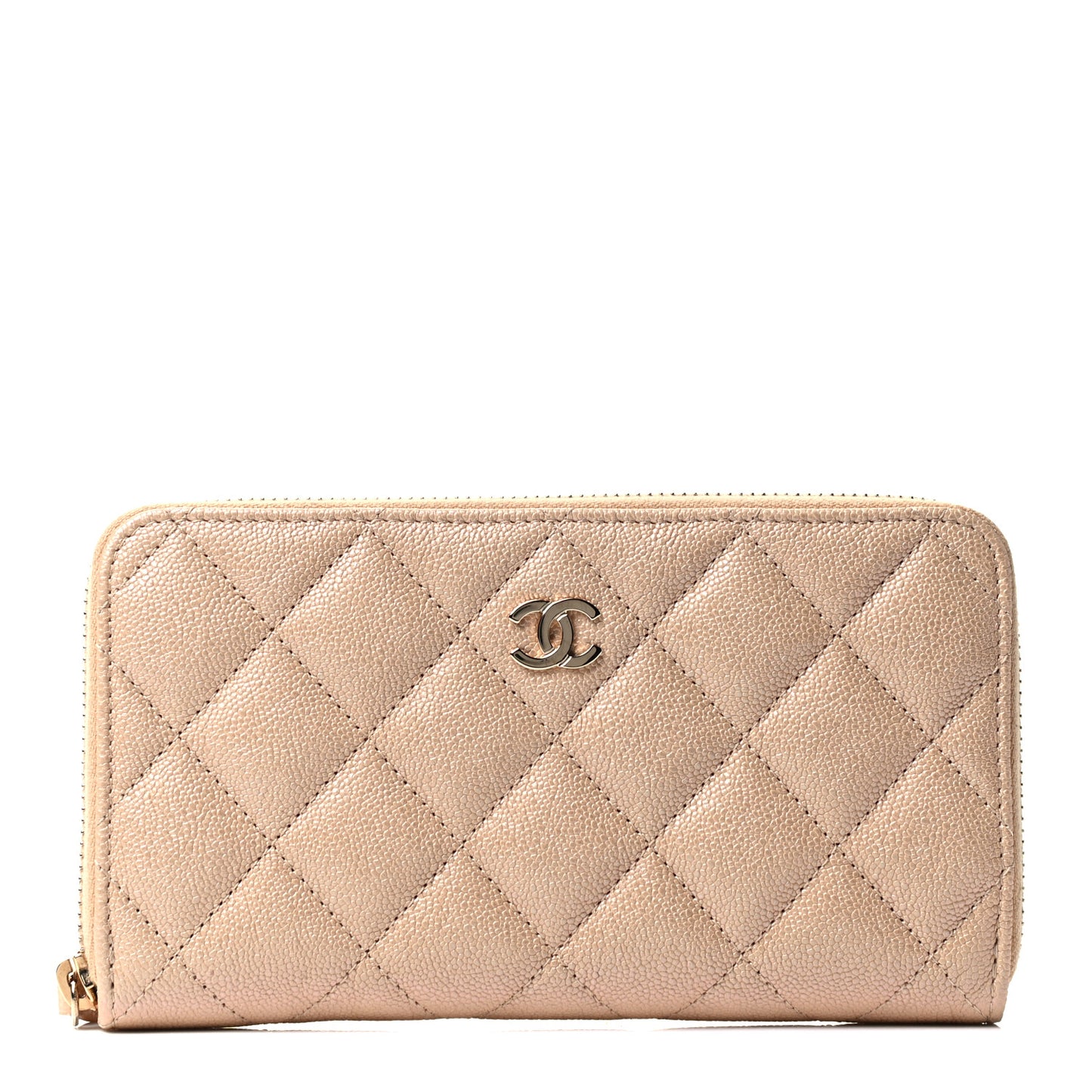 Iridescent Caviar Quilted Medium Zip Around Wallet Beige
