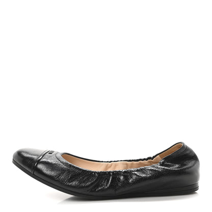 Prada Vitello Shine Cap Toe Logo Ballet Flats 37 Black 1 of 8