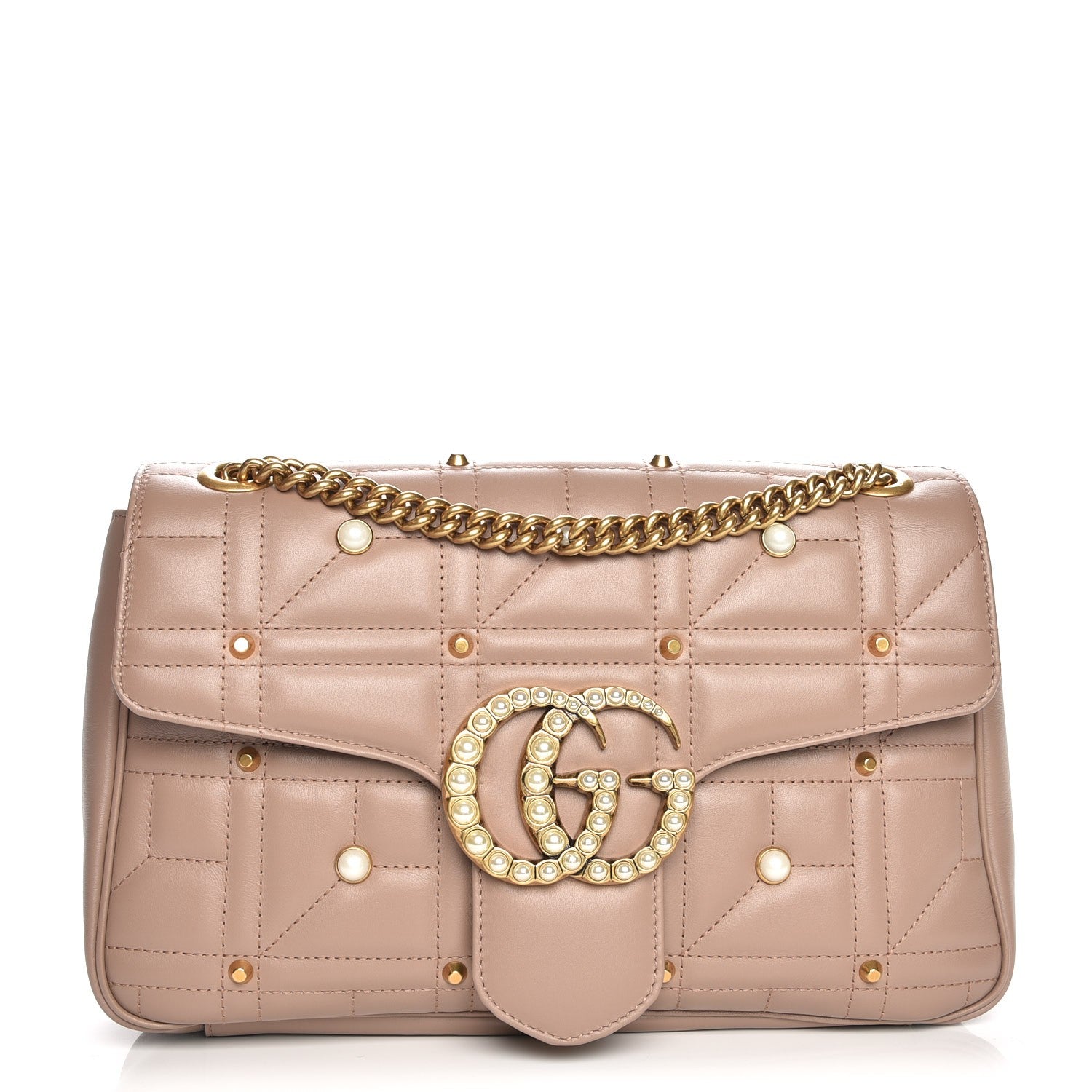 Gucci Calfskin Matelasse Studded Medium Pearly GG Marmont Shoulder Bag Porcelain Rose 1 of 7