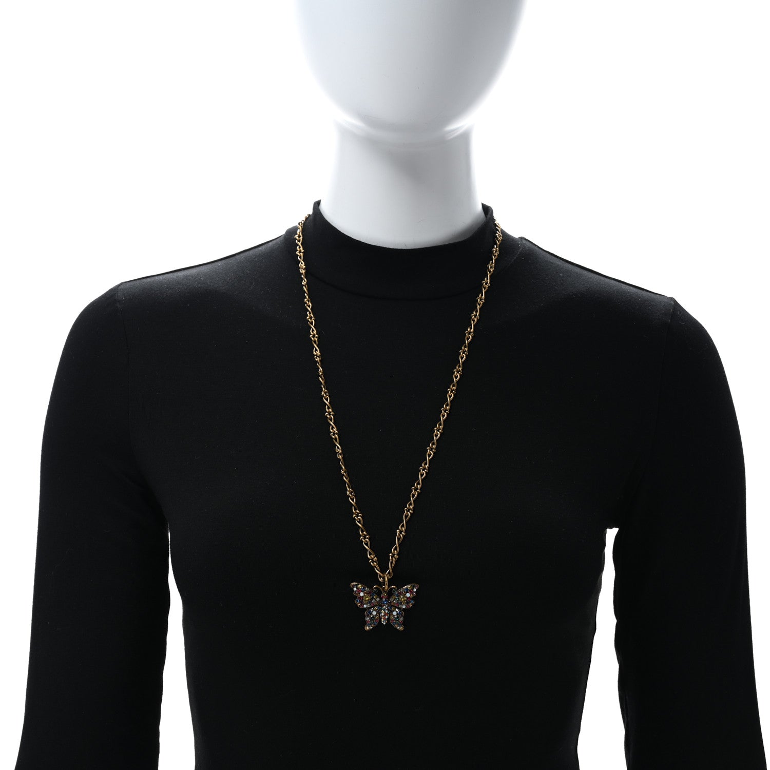 Gucci Metal Crystal Butterfly Necklace Aged Gold Multicolor 2 of 4