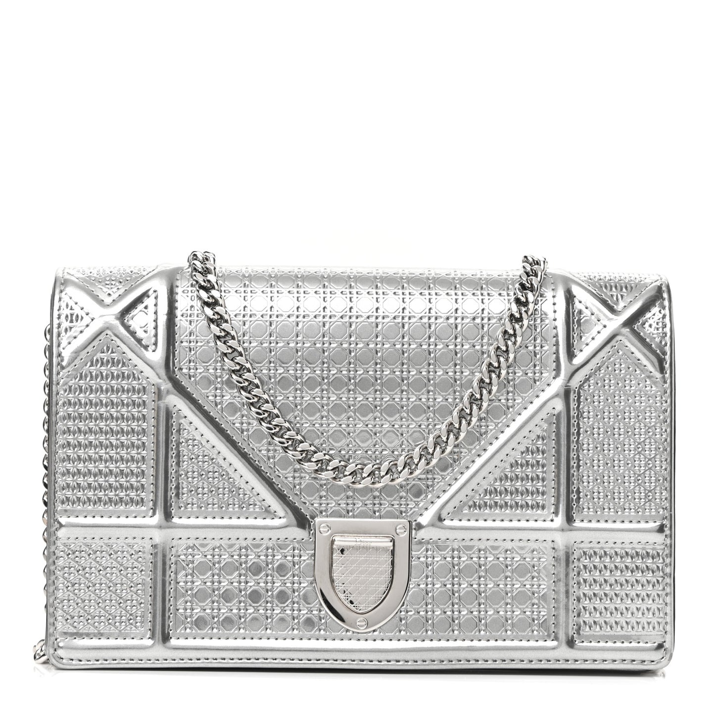 Metallic Patent Micro-Cannage Diorama Wallet on Chain Pouch Silver