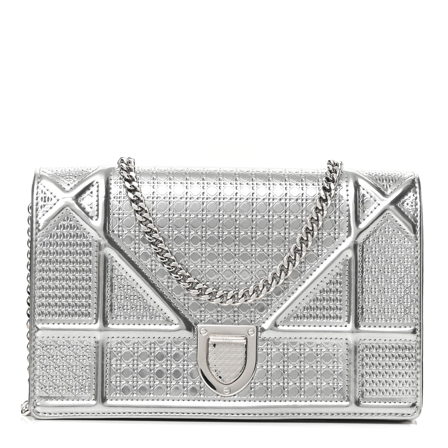 Christian Dior Metallic Patent Micro-Cannage Diorama Wallet on Chain Pouch Silver 1 of 9