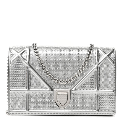 Christian Dior Metallic Patent Micro-Cannage Diorama Wallet on Chain Pouch Silver 1 of 9