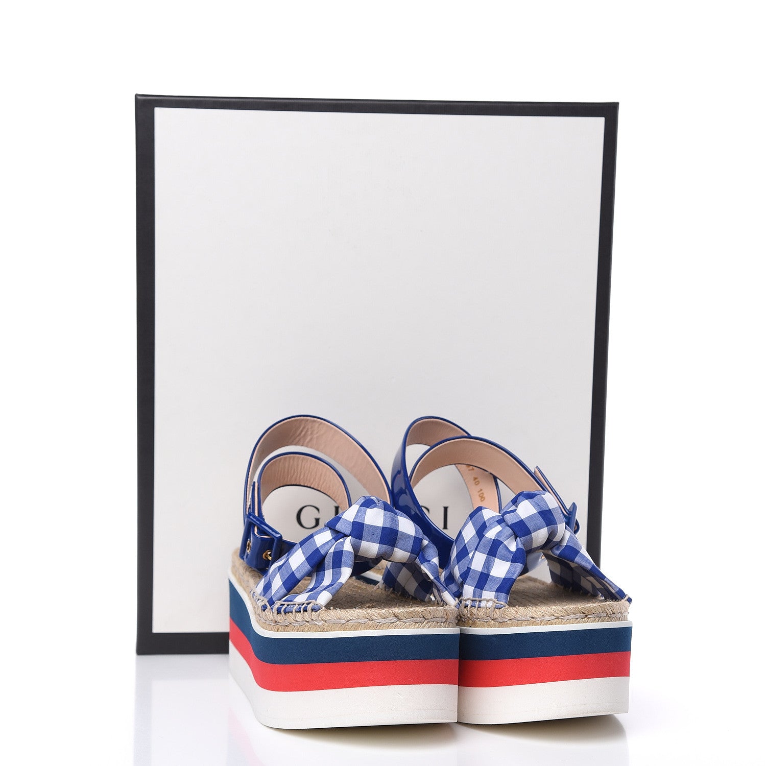 Gucci Patent Cotton Gingham Sefir Espadrille Platform Sandals 40 Blue White 9 of 9