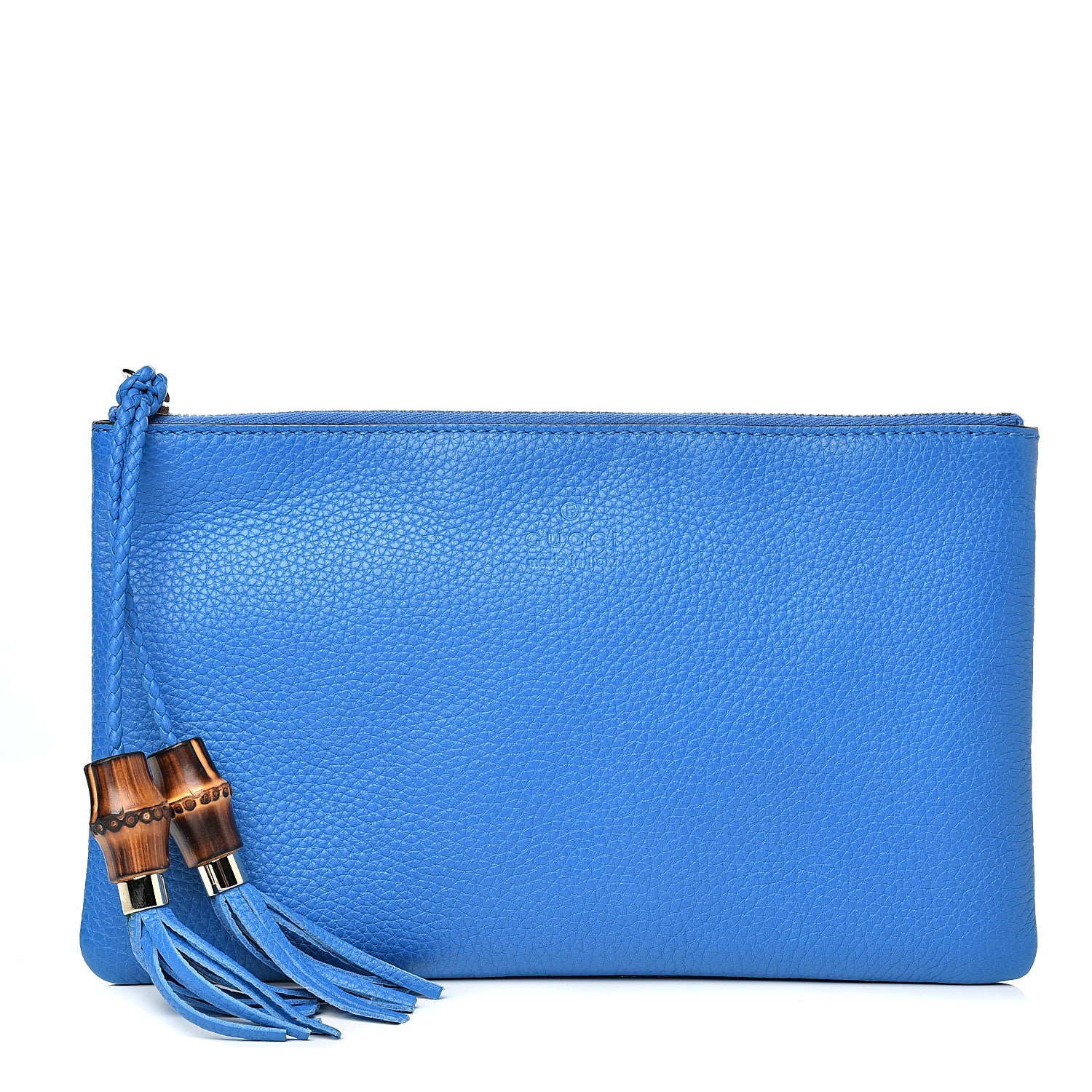 Gucci Pebbled Calfskin Large Bamboo Clutch Blue 1 of 7