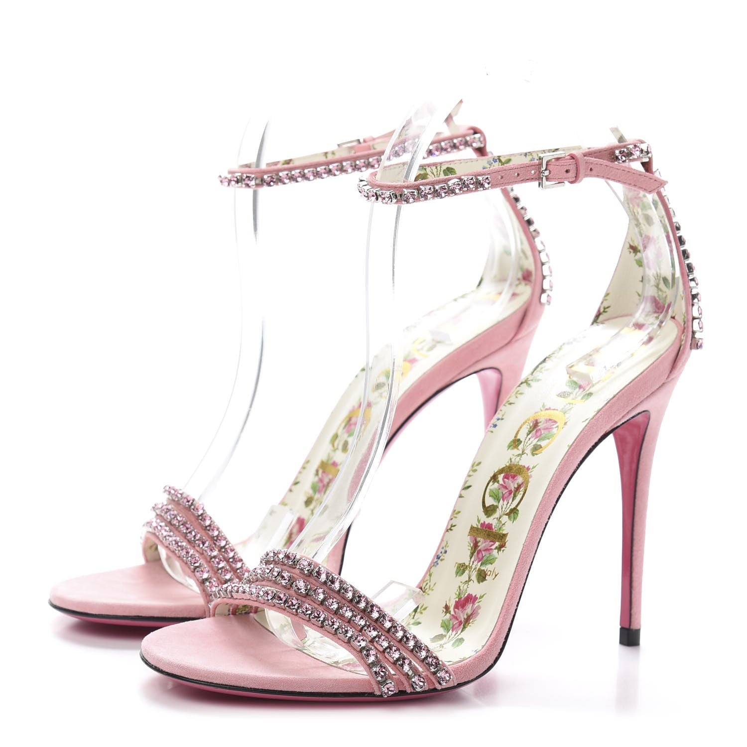Gucci Kid Scamosciato Crystal Ankle Strap High Heel Sandals 37.5 Light Rose Light Peonia 3 of 9