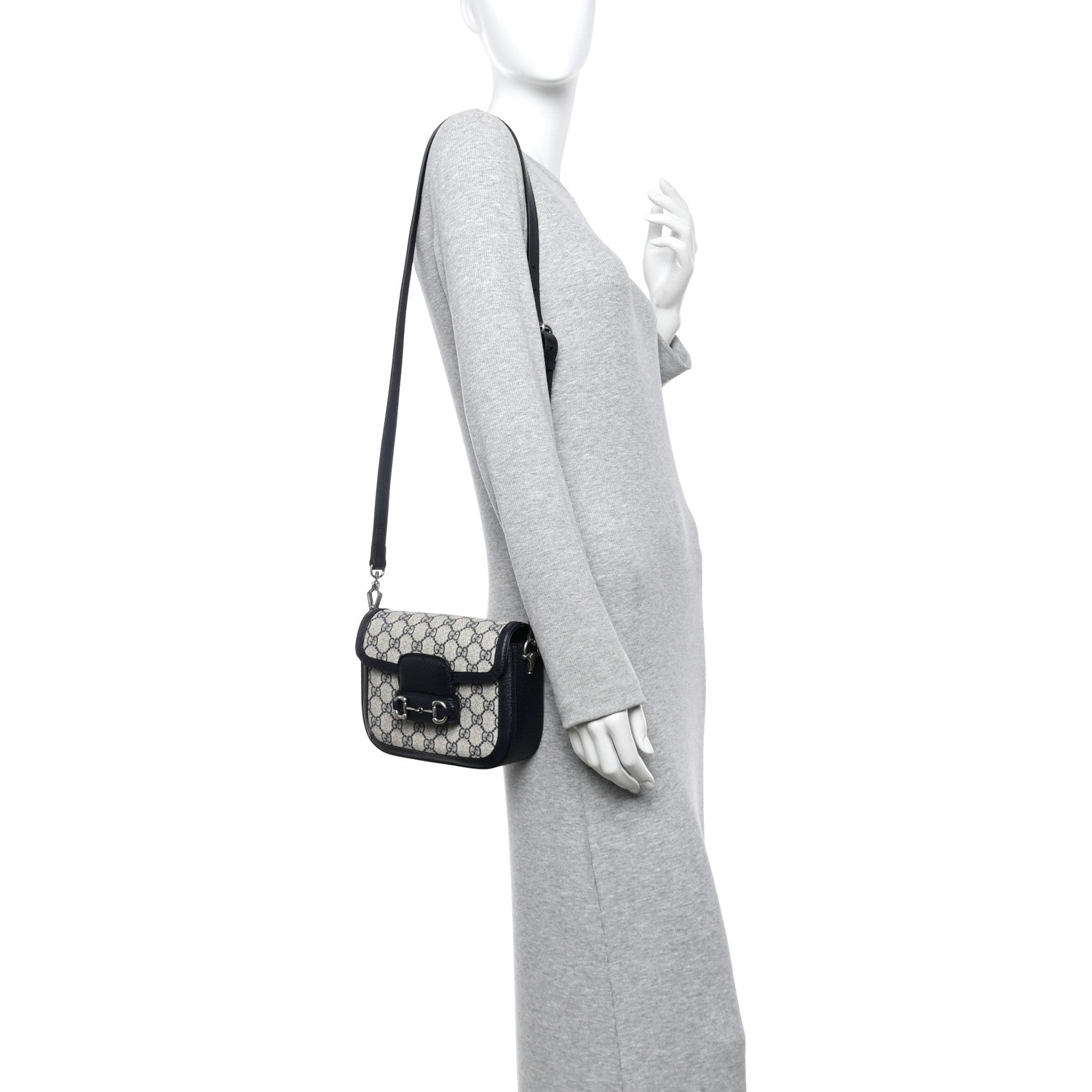 Gucci GG Supreme Monogram Textured Dollar Calfskin Web Mini Horsebit 1955 Shoulder Bag Beige Blue 2 of 10